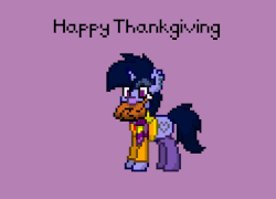 Size: 745x535 | Tagged: safe, artist:php142, oc, oc only, oc:purple glix, pony, turkey, pony town, accessory, animated, clothes, cooked, cute, dead, ear fluff, eating, food, holiday, male, nom, pixel art, ponies eating meat, scarf, socks, solo, thanksgiving