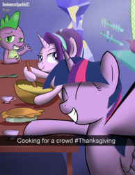 Size: 2728x3516 | Tagged: safe, artist:oinktweetstudios, spike, starlight glimmer, twilight sparkle, alicorn, dragon, pony, unicorn, g4, baking, cooking, cup, cute, eyes closed, food, high res, holiday, looking at you, pie, raised eyebrow, selfie, smiling, snapchat, teacup, thanksgiving, trio, twilight sparkle (alicorn)