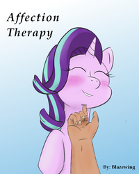 Size: 800x1000 | Tagged: safe, artist:veggiefangirl, starlight glimmer, human, pony, unicorn, fanfic:affection therapy, g4, affection, blushing, eyes closed, fanfic, fanfic art, fanfic cover, gradient background, hand, offscreen character, smiling