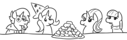 Size: 938x301 | Tagged: safe, artist:jargon scott, maud pie, starlight glimmer, sunburst, trixie, earth pony, pony, unicorn, g4, black and white, chicken nugget, clothes, dino nuggies, female, food, grayscale, hat, male, mare, monochrome, plate, simple background, smiling, stallion, trixie's hat, white background