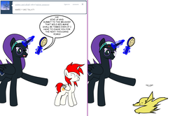 Size: 1204x800 | Tagged: safe, artist:dekomaru, oc, oc only, oc:mars, oc:nyx, alicorn, pony, tumblr:ask twixie, ask, brush, brushie, cardboard cutout, colt, cross-popping veins, magic, male, tumblr