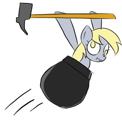 Size: 600x600 | Tagged: safe, derpy hooves, pegasus, pony, g4, cauldron, derp, female, getting over it, hammer, hoof hold, mare, scrunchy face, simple background, sledgehammer, solo, white background