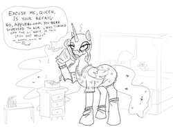 Size: 1280x1024 | Tagged: safe, artist:bigrigs, nightmare moon, princess celestia, alicorn, pony, g4, bed, clothes, female, implied cutie mark crusaders, implied sweetie belle, mare, monochrome, offscreen character, phone, prank, prank call, socks