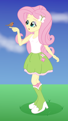 Size: 1334x2359 | Tagged: safe, artist:cybersquirrel, fluttershy, bird, equestria girls, g4, bird on hand, boots, clothes, female, flat colors, high heel boots, shoes, skirt, socks, solo