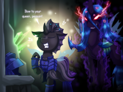 Size: 1500x1125 | Tagged: safe, artist:vavacung, queen chrysalis, oc, oc:captain black lotus, changeling, changeling queen, g4, angry, behind you, changeling armor, cross-popping veins, crown, dialogue, eyes closed, glowing eyes, helmet, jewelry, raised hoof, red eyes, regalia, smiling, sombra eyes, this will end in pain