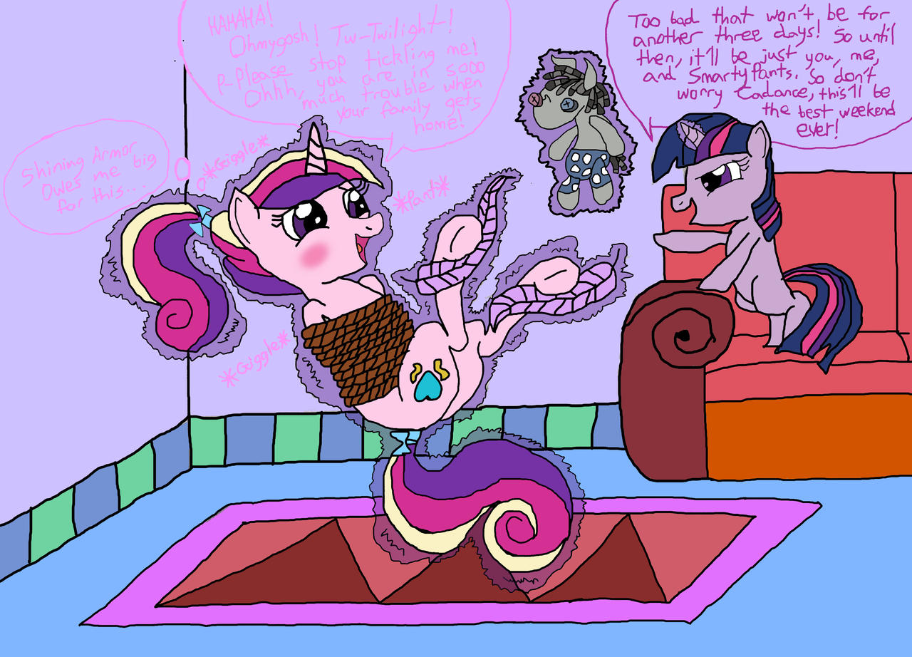 1593223 - suggestive, artist:darkknighthoof, artist:icicle-wicicle-1517,  princess cadance, smarty pants, twilight sparkle, alicorn, pony, unicorn,  alternate hairstyle, blushing, bondage, colored, couch, feather, female,  fetish, filly, filly twilight ...