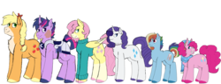 Size: 6493x2500 | Tagged: safe, artist:sylver-unicorn, applejack, fluttershy, pinkie pie, rainbow dash, rarity, twilight sparkle, pony, g4, absurd resolution, alternate design, armor, clothes, mane six, scar, scarf, simple background, sweater, sweatershy, transparent background, wingless