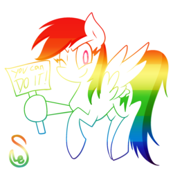 Size: 1400x1400 | Tagged: safe, alternate version, artist:quarium, rainbow dash, pegasus, pony, g4, female, hoof hold, looking at you, mare, motivational, multicolored hair, one eye closed, positive ponies, sign, simple background, smiling, solo, white background, wink