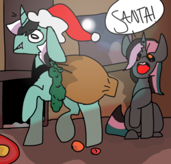 Size: 2000x1914 | Tagged: safe, artist:healingstreet, oc, oc only, oc:minstrel custard, oc:poison sweets, changepony, pony, unicorn, kindverse, christmas, dialogue, hat, holiday, how the grinch stole christmas, magical gay spawn, magical lesbian spawn, offspring, parent:bon bon, parent:lyra heartstrings, parent:oc:minstrel custard, parent:oc:philia agape armet, parents:lyrabon, parents:oc x oc, sack, santa hat, santa sack, the grinch