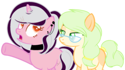 Size: 1024x579 | Tagged: safe, artist:lilygarent, oc, oc only, oc:lemon side, oc:silver pen, earth pony, pony, unicorn, female, glasses, mare, simple background, transparent background