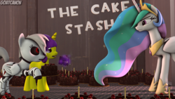Size: 3840x2160 | Tagged: safe, artist:goatcanon, princess celestia, oc, oc:lemontwist, oc:servo, pony, robot, robot pony, g4, 3d, cake, cakelestia, celestia is not amused, food, high res, levitation, magic, source filmmaker, telekinesis, this will end in tears and/or a journey to the moon, unamused
