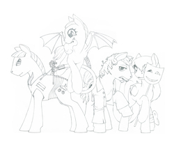 Size: 6000x5000 | Tagged: safe, artist:daisy, bat pony, pony, absurd resolution, clothes, cyberpunk, frank zappa, group shot, monochrome, ponified, rpg, traditional art, weapon