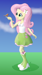 Size: 1334x2359 | Tagged: safe, artist:cybersquirrel, fluttershy, bird, equestria girls, g4, bird on hand, boots, clothes, female, high heel boots, shading, shoes, skirt, socks, solo