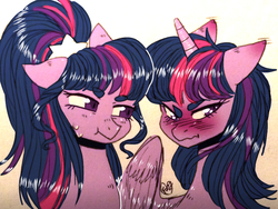 Size: 1024x768 | Tagged: safe, artist:fazzfuck, sci-twi, twilight sparkle, alicorn, earth pony, pony, g4, blushing, cute, duo, duo female, female, looking away, mare, ponytail, scrunchy face, sweat, twiabetes, twilight sparkle (alicorn), twolight