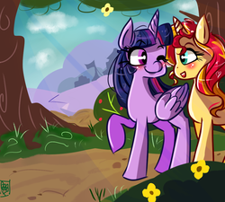 Size: 1000x899 | Tagged: safe, artist:pandanx12, sunset shimmer, twilight sparkle, alicorn, pony, unicorn, g4, blushing, cloud, cute, female, flower, lesbian, looking at each other, looking back, mare, one eye closed, open mouth, raised hoof, shimmerbetes, ship:sunsetsparkle, shipping, smiling, tree, twiabetes, twilight sparkle (alicorn), wink