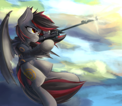 Size: 2583x2235 | Tagged: safe, artist:blvckmagic, oc, oc only, oc:tomoko tanue, bat pony, pony, umbreon, fallout equestria, anti-tank rifle, clothes, cloud, cloudy, female, flying, gun, high res, hoodie, mare, pokémon, rifle, sky, sniper rifle, solo, weapon