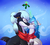 Size: 2200x2000 | Tagged: safe, artist:passigcamel, oc, oc only, oc:bubble lee, oc:mako, earth pony, hybrid, orca pony, original species, pony, unicorn, clothes, commission, couple, ear piercing, female, floppy ears, gift art, glowing horn, high res, holly, holly mistaken for mistletoe, horn, kissing, magic, makolee, male, mare, oc x oc, piercing, scarf, shipping, snow, snowfall, stallion, straight