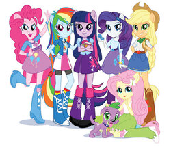 Size: 600x517 | Tagged: safe, applejack, fluttershy, pinkie pie, rainbow dash, rarity, spike, twilight sparkle, dog, equestria girls, g4, my little pony equestria girls, backpack, book, boots, clothes, compression shorts, cowboy hat, cute, denim skirt, hand mirror, hat, high heel boots, humane five, leg warmers, mane seven, mane six, ponied up, shoes, skirt, spike the dog, stetson, twilight sparkle (alicorn), wingless