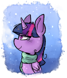 Size: 547x639 | Tagged: safe, artist:urbanqhoul, twilight sparkle, alicorn, pony, g4, clothes, female, mare, profile, scarf, smiling, snow, solo, teary eyes, twilight sparkle (alicorn)