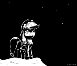 Size: 870x754 | Tagged: safe, artist:haretrinity, applejack, earth pony, pony, g4, clothes, coat, cowboy hat, female, hat, mare, monochrome, night, smiling, snow, solo, stetson