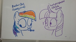Size: 3264x1836 | Tagged: safe, artist:moonatik, derpibooru exclusive, rainbow dash, twilight sparkle, g4, :p, duo, photo, purple smart, question mark, silly, speedycloud, tongue out, traditional art, whiteboard