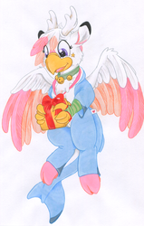 Size: 954x1500 | Tagged: safe, artist:foxxy-arts, oc, oc only, oc:foxxy hooves, classical hippogriff, deer, hippogriff, shark, clothes, costume, cute, female, holiday, kigurumi, present, solo
