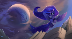 Size: 1919x1050 | Tagged: safe, artist:noctilucent-arts, princess luna, alicorn, pony, cloud, cloudy, female, flying, galaxy mane, mare, moon, mountain, smiling, solo, spread wings, wings