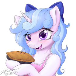 Size: 1024x1024 | Tagged: safe, artist:novaintellus, oc, oc only, oc:melodia, pony, unicorn, semi-anthro, bow, cute, female, food, hair bow, mare, ocbetes, pie, simple background, smiling, solo, white background