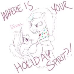 Size: 1500x1500 | Tagged: safe, artist:brisineo, fizzlepop berrytwist, tempest shadow, twilight sparkle, alicorn, pony, g4, my little pony: the movie, angry, broken horn, christmas, christmas lights, clothes, costume, dialogue, hat, holiday, horn, monochrome, santa costume, santa hat, simple background, sketch, twilight sparkle (alicorn)