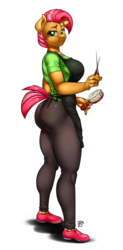 Size: 444x900 | Tagged: safe, artist:pia-sama, babs seed, anthro, plantigrade anthro, g4, apron, ass, big breasts, breasts, brush, busty babs seed, butt, clothes, female, freckles, hairdresser, looking at you, older, pants, scissors, shoes, simple background, smiling, solo, stupid sexy babs seed, the ass was fat, white background, yoga pants