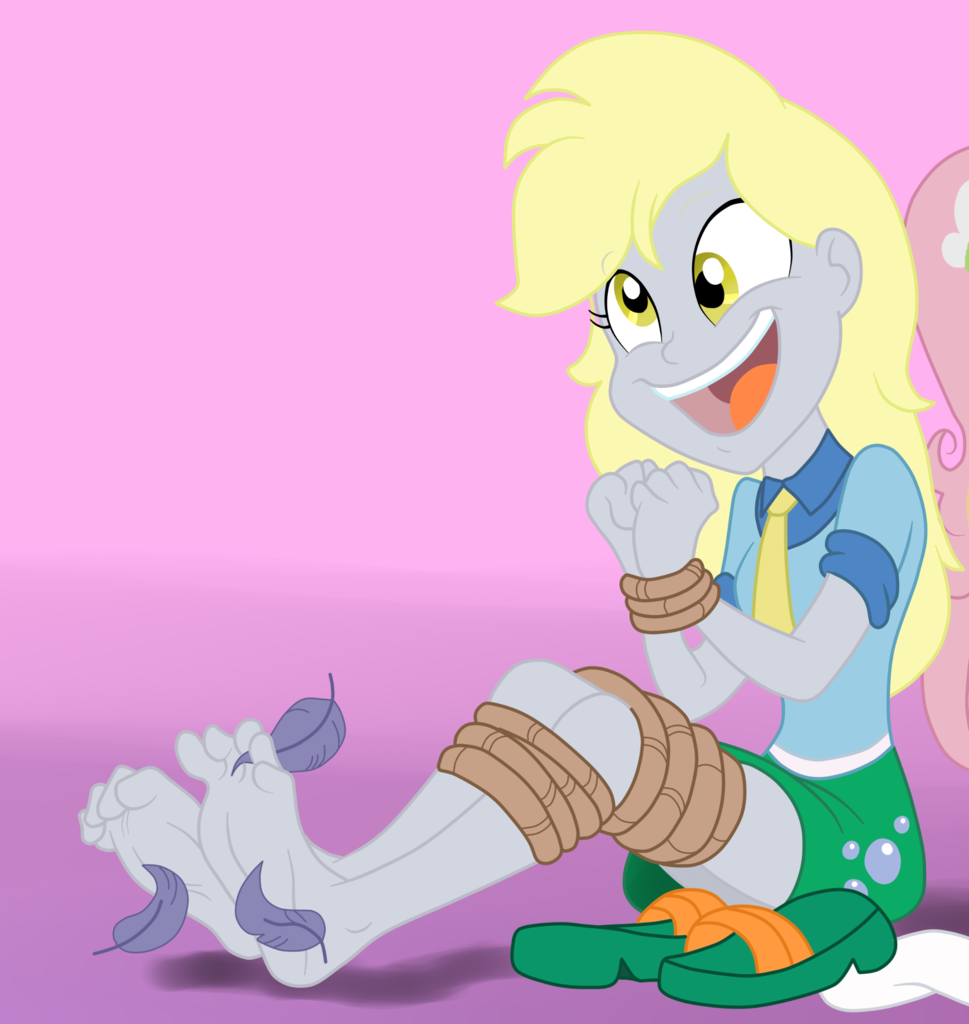 1593343 Safe Artist Chaoskomori Derpy Hooves Fluttershy Equestria Girls Bondage Clothes Cropped Cute Feather Feet Female Fetish Foot Fetish Foot Focus Laughing Legs Necktie Open Mouth Rope Rope Bondage Sandals Skirt Socks