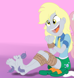 Size: 2175x2299 | Tagged: safe, artist:chaoskomori, derpy hooves, fluttershy, equestria girls, g4, bondage, clothes, cropped, cute, feather, feet, female, fetish, foot fetish, foot focus, high res, laughing, legs, necktie, open mouth, rope, rope bondage, sandals, skirt, socks, soles, solo focus, tickle torture, tickling