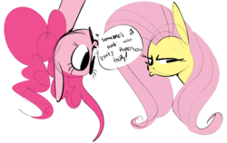 Size: 1572x994 | Tagged: safe, artist:hattsy, fluttershy, pinkie pie, pony, g4, dialogue, duo, pouting, upside down