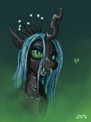Size: 1985x2646 | Tagged: source needed, safe, artist:bigrigs, queen chrysalis, changeling, changeling queen, g4, bust, crown, fangs, female, heart, jewelry, open mouth, portrait, regalia, solo