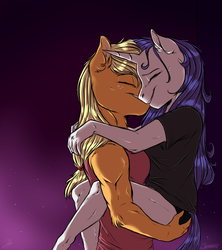 Size: 1024x1152 | Tagged: safe, artist:shimazun, applejack, rarity, earth pony, unicorn, anthro, g4, carrying, clothes, ear fluff, eyes closed, female, freckles, lesbian, mare, muscles, ship:rarijack, shipping, smiling