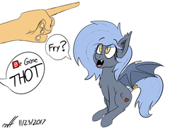 Size: 1024x768 | Tagged: safe, artist:xwoofyhoundx, oc, oc only, oc:panne, bat pony, human, pony, bat pony oc, bat wings, begone thot, chest fluff, cute, dialogue, ear fluff, ear tufts, emoji, eyes on the prize, fangs, female, hand, hungry, looking at something, looking up, mare, open mouth, pointing, question mark, simple background, sitting, smiling, solo focus, speech bubble, spread wings, tail wrap, that pony sure does love fries, thot, white background, wings, 🅱