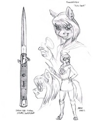Size: 1100x1437 | Tagged: safe, artist:baron engel, photo finish, earth pony, anthro, unguligrade anthro, g4, clothes, female, grayscale, monochrome, pencil drawing, scar, scarred, simple background, solo, spy, stiletto, sunglasses, switchblade, traditional art, weapon, white background