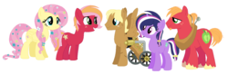 Size: 1472x480 | Tagged: safe, artist:kitkat7532, big macintosh, fluttershy, oc, oc:honey buzz, oc:honeysuckle, oc:moon sweets, g4, family, female, male, offspring, parent:big macintosh, parent:fluttershy, parent:princess cadance, parent:shining armor, parents:fluttermac, parents:shiningcadance, ship:fluttermac, shipping, simple background, straight, wheelchair, white background