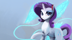 Size: 1920x1080 | Tagged: dead source, safe, artist:hierozaki, rarity, pony, unicorn, g4, female, looking at you, mare, raised hoof, smiling, solo, wallpaper