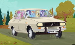 Size: 4200x2520 | Tagged: safe, artist:a4r91n, applejack, fluttershy, pinkie pie, rainbow dash, rarity, twilight sparkle, earth pony, pegasus, pony, unicorn, g4, autumn, car, dacia, dacia 1300, driving, female, forest, mane six, mare, show accurate, smiling, vector, vehicle