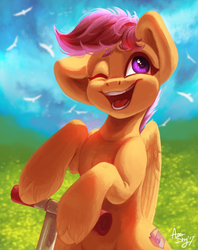 Size: 1791x2259 | Tagged: safe, artist:amishy, scootaloo, bird, pegasus, pony, g4, big ears, female, filly, one eye closed, open mouth, scooter, smiling, solo, unshorn fetlocks, wink