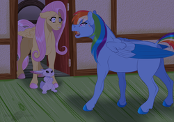 Size: 1250x877 | Tagged: safe, artist:bijutsuyoukai, angel bunny, fluttershy, rainbow dash, comic:the point of no return, g4, colored wings, crying, fanfic, fanfic art, female, lesbian, multicolored wings, ship:flutterdash, shipping