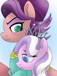 Size: 1024x1365 | Tagged: safe, artist:lavenderrain24, diamond tiara, spoiled rich, earth pony, pony, g4, female, jewelry, mother and daughter, tiara