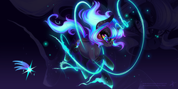 Size: 3464x1732 | Tagged: safe, artist:wilvarin-liadon, oc, oc only, oc:fiery comet, pony, unicorn, female, glowing mane, looking at you, magic, mare, solo, space, zoom layer