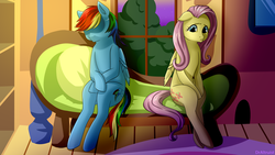 Size: 800x450 | Tagged: safe, artist:draltruist, fluttershy, rainbow dash, pony, g4, couch, female, fluttershy's cottage, mare, multicolored hair, sitting