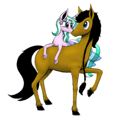 Size: 1700x1639 | Tagged: safe, artist:darkhestur, oc, oc only, oc:dark, oc:dustlight, earth pony, flutter pony, horse, pony, 2018 community collab, derpibooru community collaboration, couple, horse-pony interaction, kissing, ponies riding horses, riding, simple background, transparent background, wings