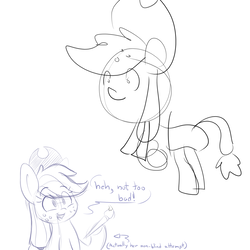 Size: 1000x1000 | Tagged: safe, artist:heir-of-rick, applejack, earth pony, pony, g4, 30 second art challenge, closed eyes challenge, cowboy hat, dialogue, female, hat, mare, monochrome, quality, sketch, solo, stetson