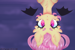 Size: 3000x2000 | Tagged: safe, artist:bunxl, fluttershy, bat pony, pony, g4, female, floating wings, flutterbat, heart, heart eyes, high res, looking at you, mare, race swap, solo, starry eyes, upside down, wingding eyes