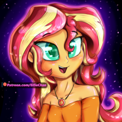 Size: 3000x3000 | Tagged: safe, artist:katakiuchi4u, sunset shimmer, equestria girls, g4, blushing, bust, clothes, cute, female, high res, open mouth, patreon, patreon logo, shimmerbetes, shoulderless, smiling, solo, strapless