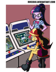 Size: 1800x2300 | Tagged: safe, artist:rvceric, sci-twi, sunset shimmer, trixie, twilight sparkle, equestria girls, equestria girls series, g4, arcade, arcade cabinet, boots, bowtie, clothes, gamer sunset, gaming, glasses, hair tie, high heel boots, ponytail, shoes, sitting, skirt, stool, sweat, sweatdrop, video game